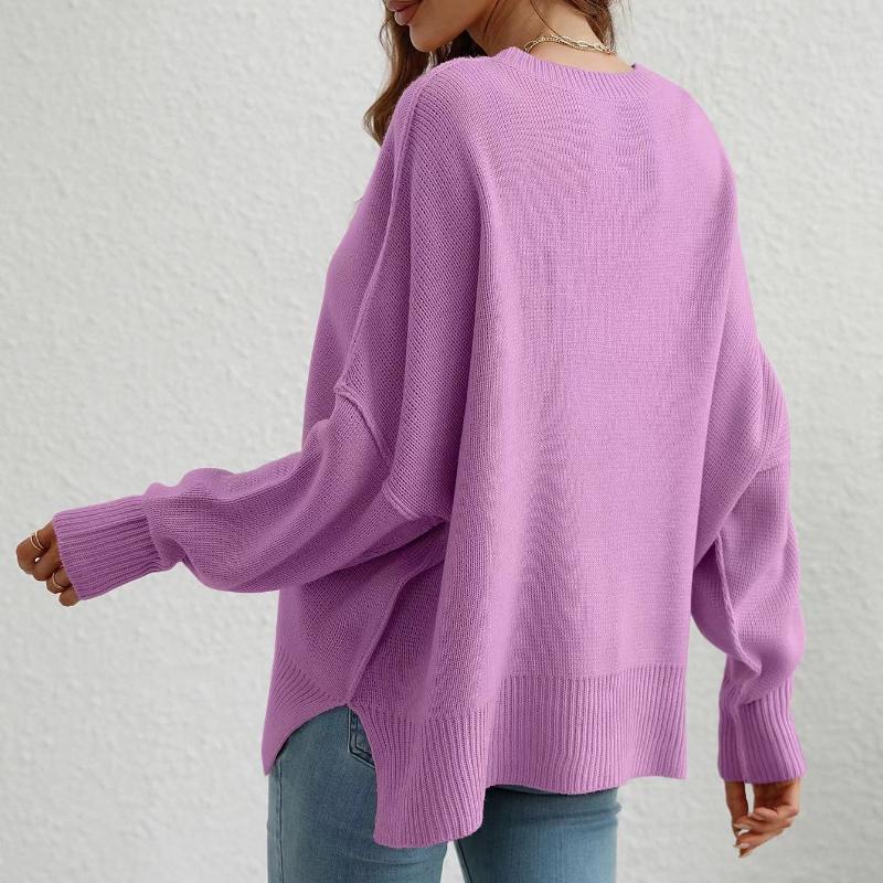 IHUASU Autumn and Winter Fashion Women's O-Neck Knit Loose Split Pullover Sweater