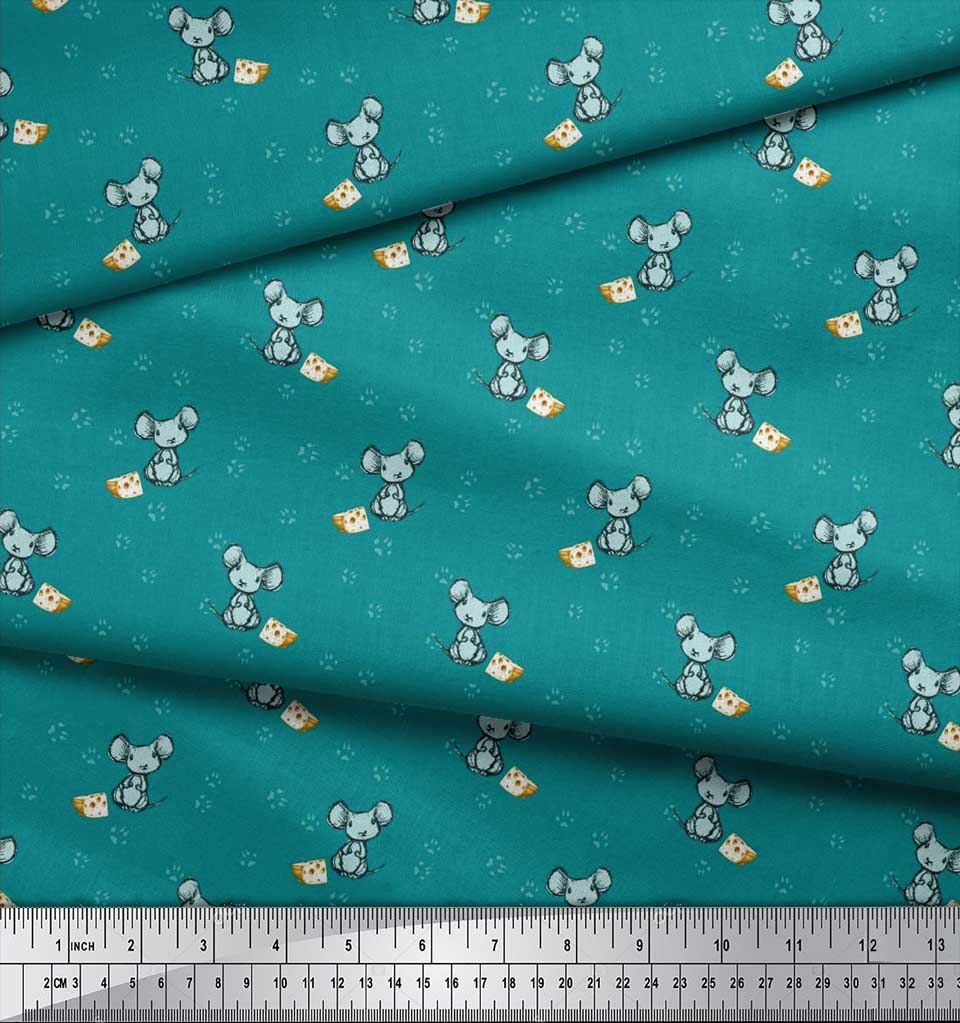 Soimoi Japan Crepe Satin Fabric Footprint,Cheese & Rat Kids Print Fabric by Metre 42 Inch