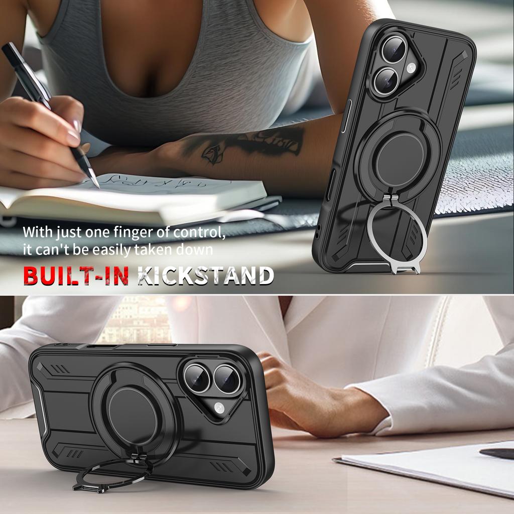For iPhone 16 Plus Case Compatible with MagSafe Rotating Ring Kickstand PC + TPU Shockproof Phone Cover
