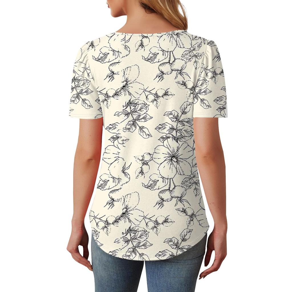 טופ פולובר אופנתי לנשים עם שרוולים קצרים, כפתורים, הדפס פרחוני, צווארון עגול
