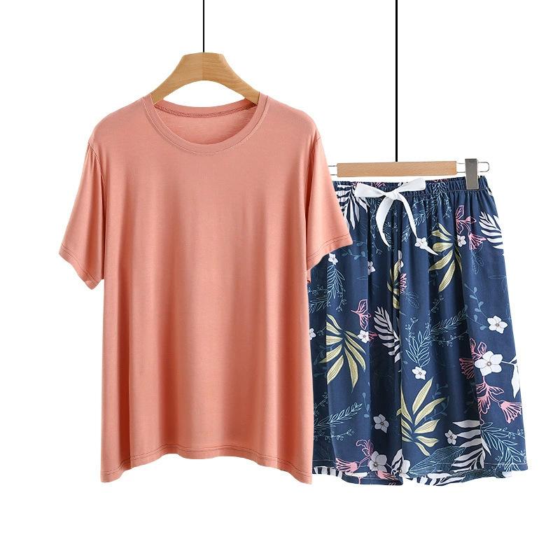 Summer Solid color Tshirts and Print shorts Simple Homewear O-Neck Loose Tshirts and Poplin short pants Casual sleepwear suits
