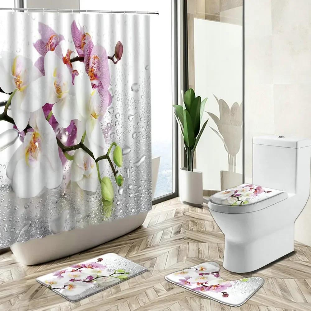 

Zen Shower Curtain Orchid Green Bamboo Stone Water Reflection Spa Home Decor Non-Slip Carpet Toilet Cover Bath Mat Washable Set W60H190(CM)-1 Pcs
