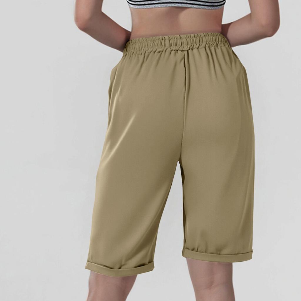 Ladies' Fashionable Color Drawstring Elastic Waist Pocket Casual Cropped Pants
