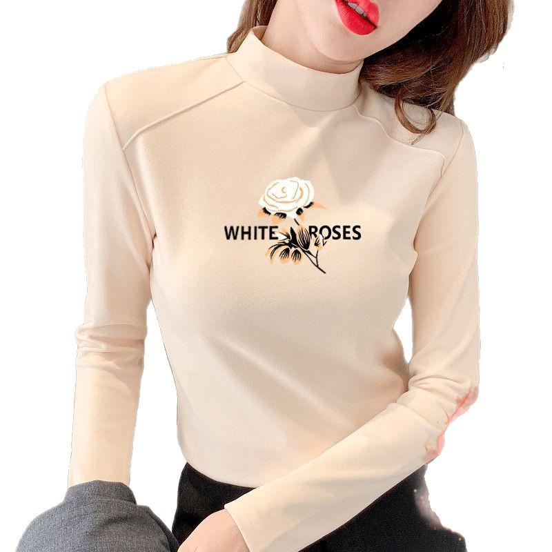 Women's Velvet Semi-High Neck Thickened Base Layer Top for Autumn and Winter
