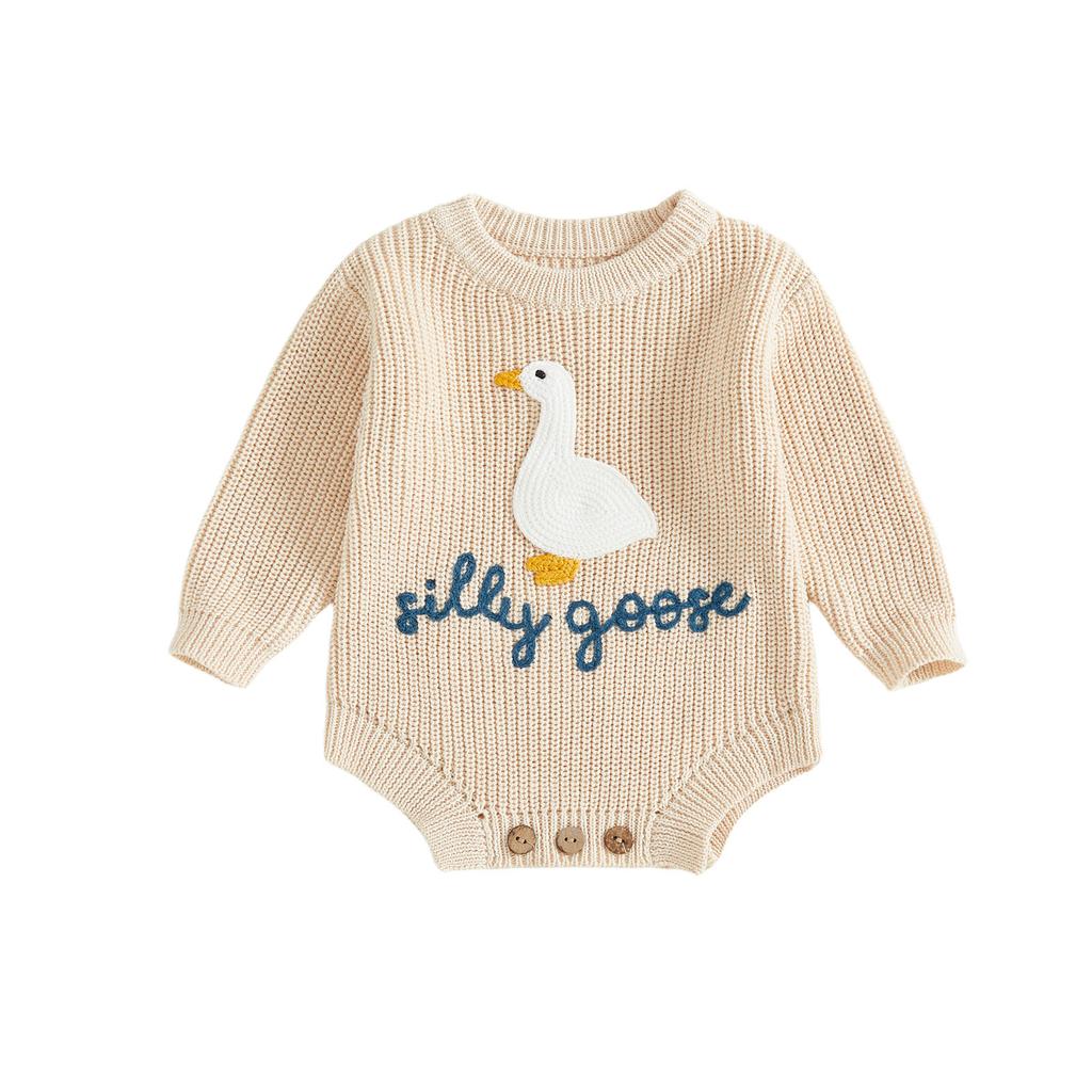 Infant Baby Knitted Rompers Cute Long Sleeve Round Neck White Goose Letter Embroidery Jumpsuit