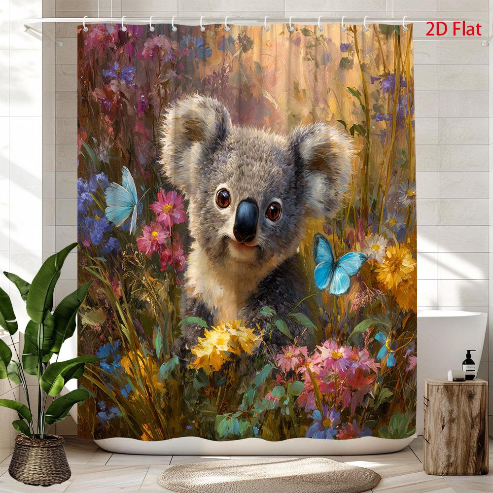 

1 шт. Милая шторка для душа с коалами и 12 крючками - Коалы, цветы и бабочки в дизайне эвкалиптового леса, Подходит для ванны 90x180cm