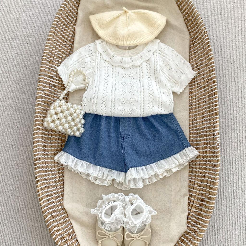 Baby Girl Summer Knit Set Short Sleeve Hollow Out Top And Shorts Breathable Casual Two Piece Outfit