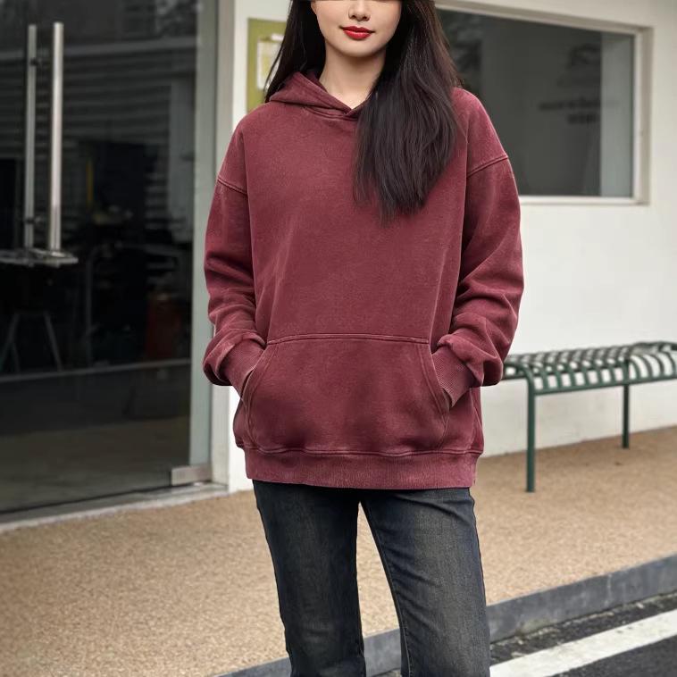 Women's Heavyweight Washed Hooded Sweatshirt, Loose Fit, Solid Color, No Drawstring, American Style, Long Sleeve, Versatile Base Layer