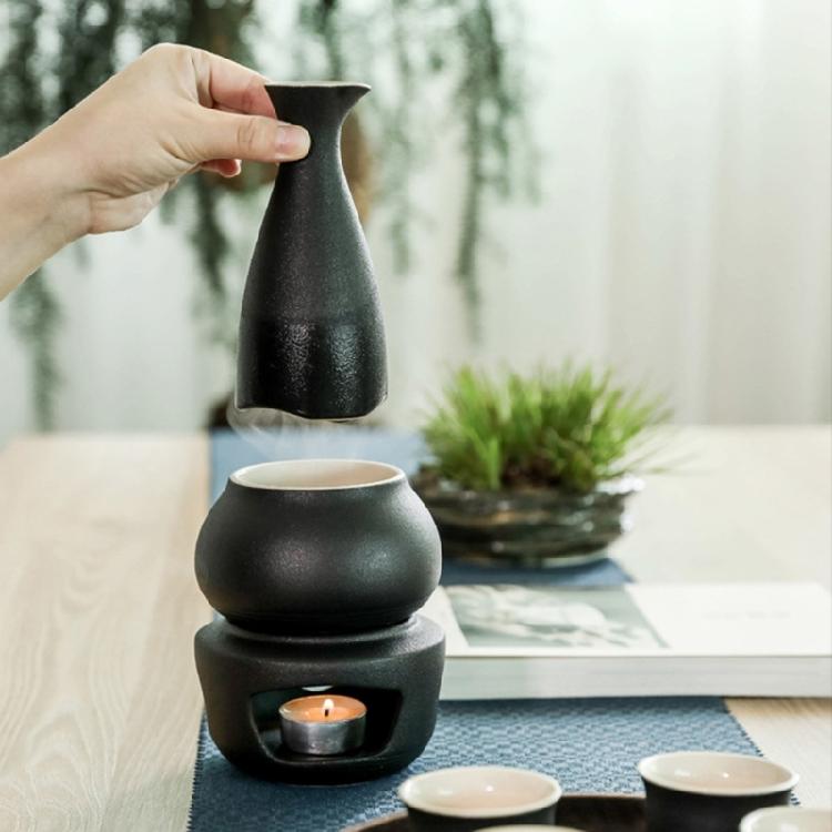 Japanese Drinking Set Contains Heat Resistant Sake Carafe Bottle 4 Cups Warmer Candle Stove Birthday Housewarmings Gift