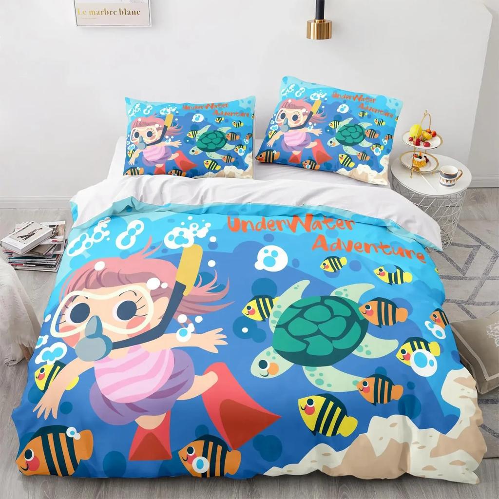 Cartoon Octopus Bedding Set KingQueen Size,Ocean Underwater World Duvet Cover Kids Sea Coral Fish Polyester Quilt Cover