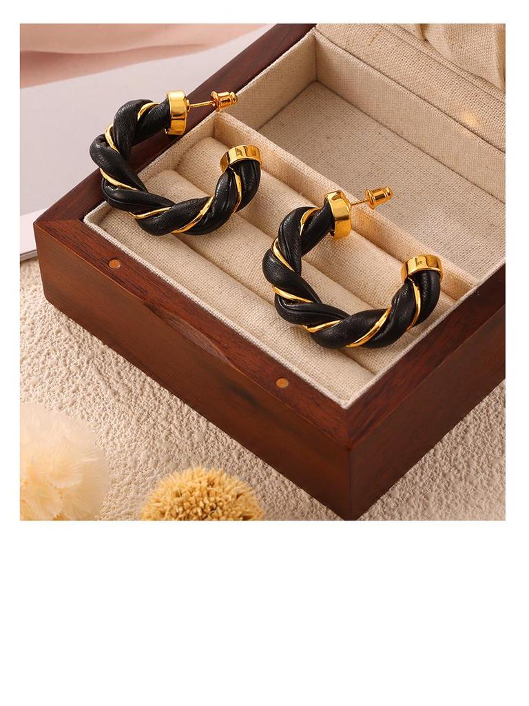 Retro Cable Knit Leather Earrings: French Chic C-Shaped Gold-Plated Copper Hoops