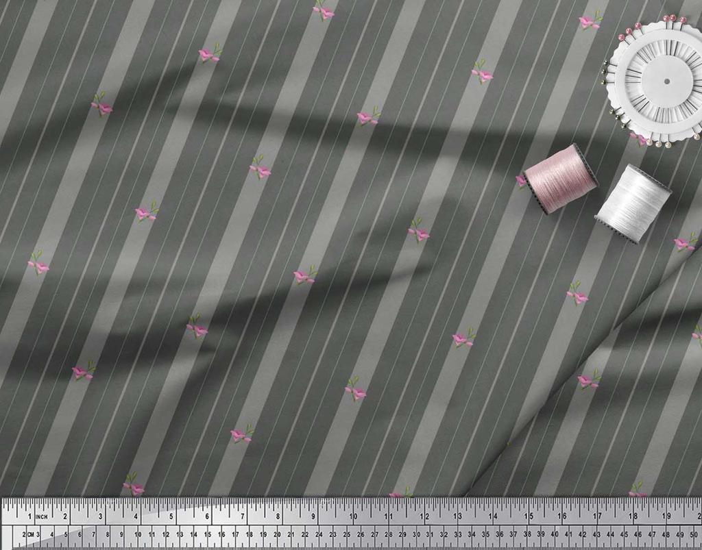Soimoi Japan Crepe Satin Fabric Artistic Floral & Stripe Fabric Prints By metre 42 Inch
