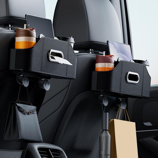 Car Backseat Organizer with Cup Holder Tissue Box Multifunctional Universal Automotive Seat Headrest Hanging Storage Box Hook Car Accessories