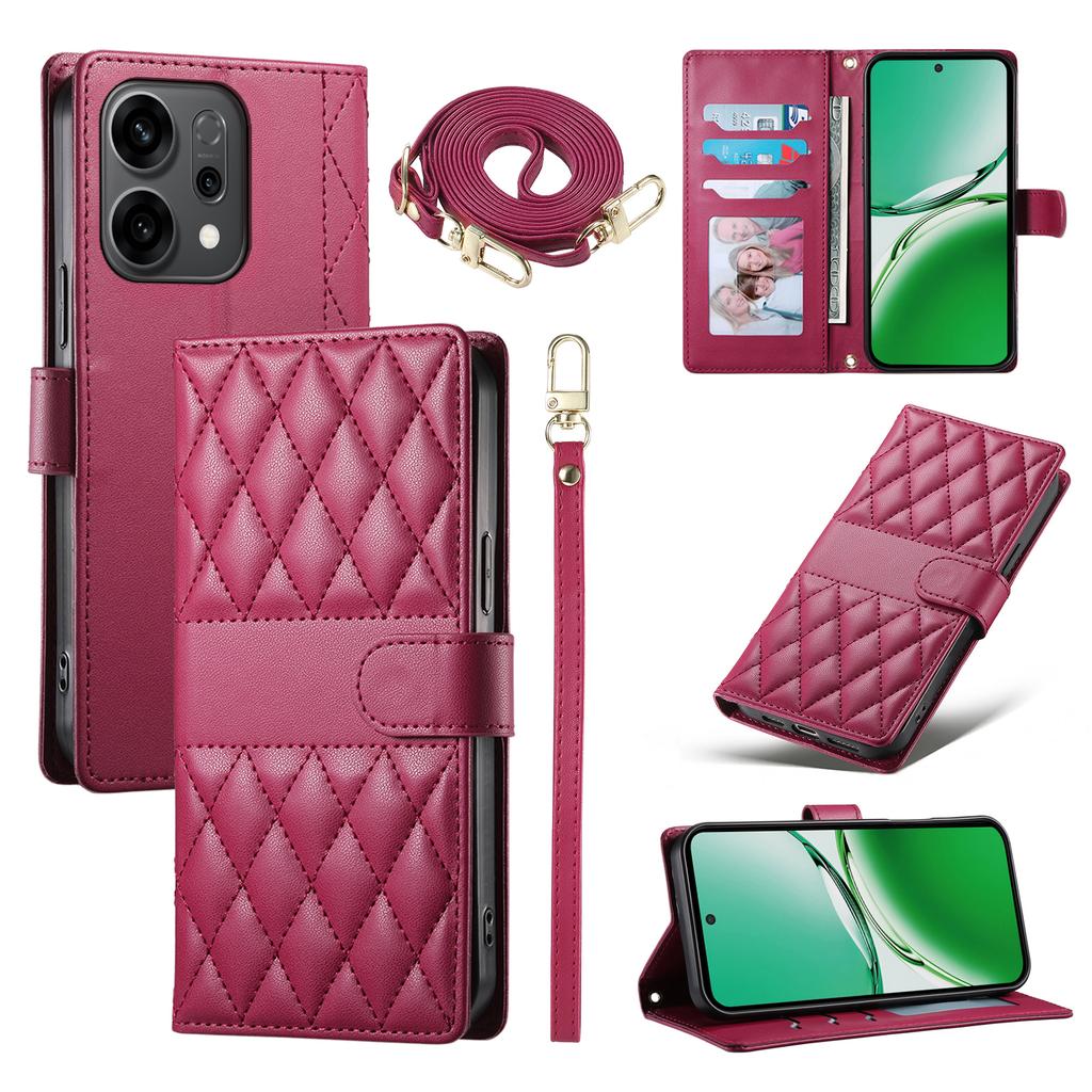 For Oppo Reno14 5G (Global) Case Rhombus Stitching Wallet Stand Leather Phone Cover with Long/Short Strap