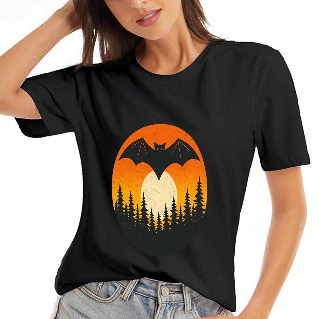 Bat & Forest unisex Cotton T Shirt, Premium Cotton Quality Print, Durable, Casual Fashion, Spooky Bat Silhouette Design, Halloween Inspired Graphic Te