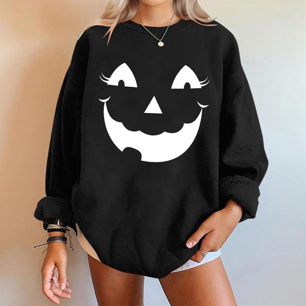 Hanorac cu mânecă lungă cu decolteu în formă de o cu imprimeu de Halloween, ocazional, pentru femei. Top pulover