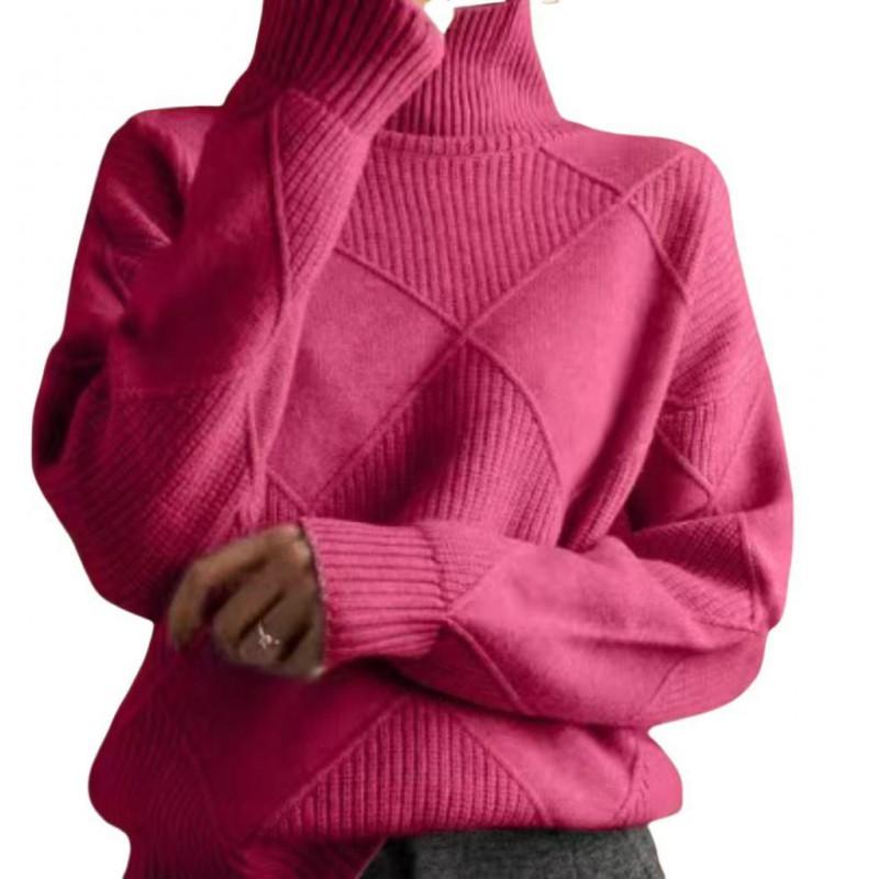 Womens High Neck Knit Sweater Solid Color Rhombus Warm Thick Long Sleeve Pullover
