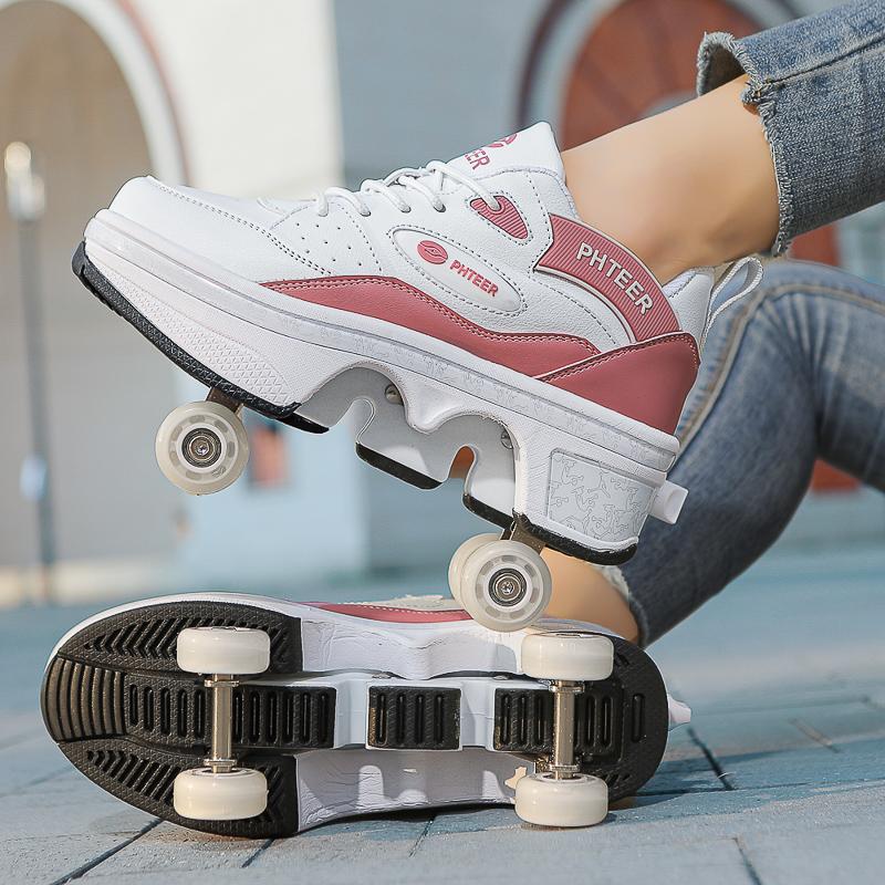 High Top Women's 4 Wheel Roller Shoes Fashionable Unisex With Wheels Dual-purpose Skating Casual Shoes Automatic Pop-up Sneakers