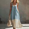 Women's Light Blue Sleeveless Tiered Midi Dress with White Waist Accent