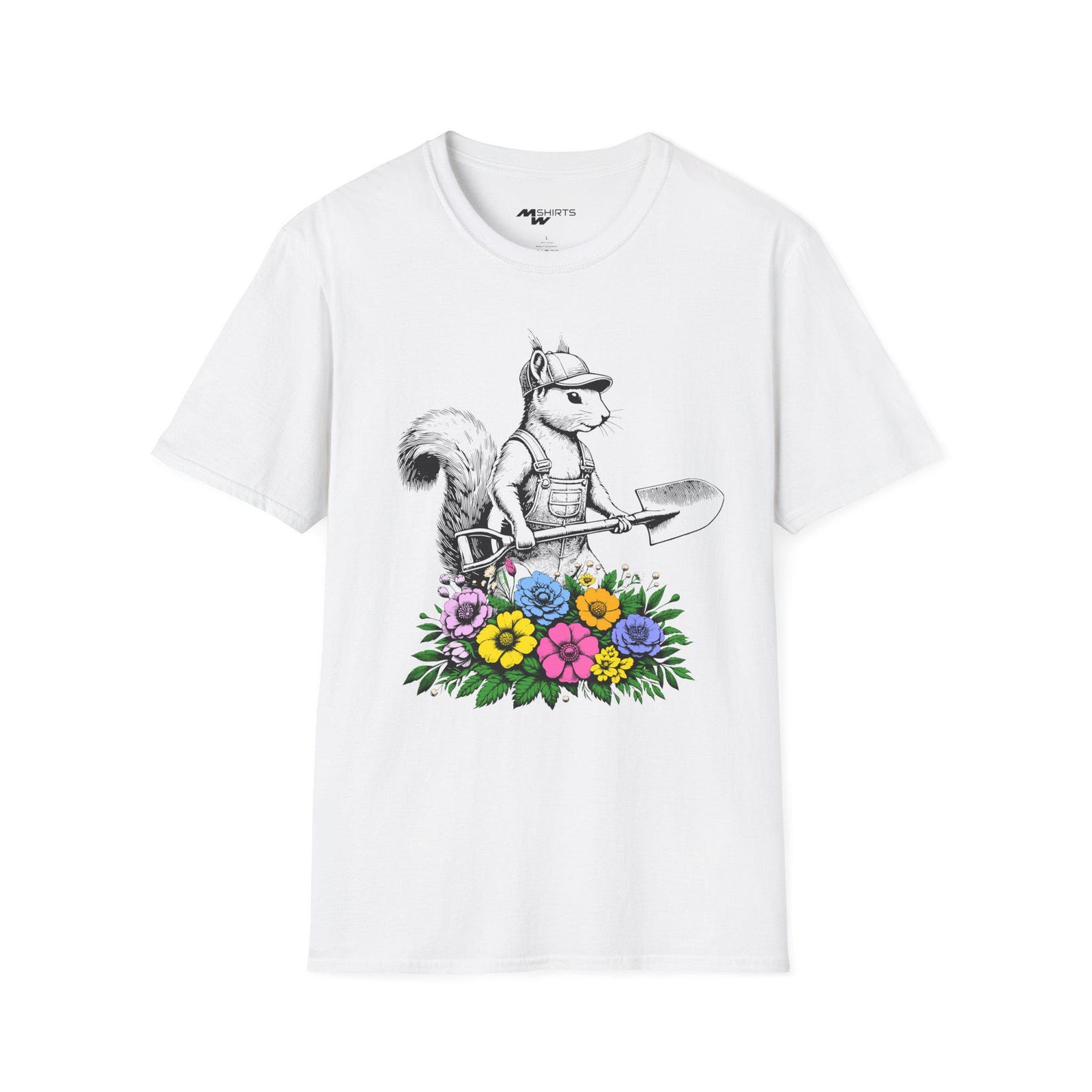Gardener Squirrel T-Shirt, Floral Animal Graphic Tee 2XL