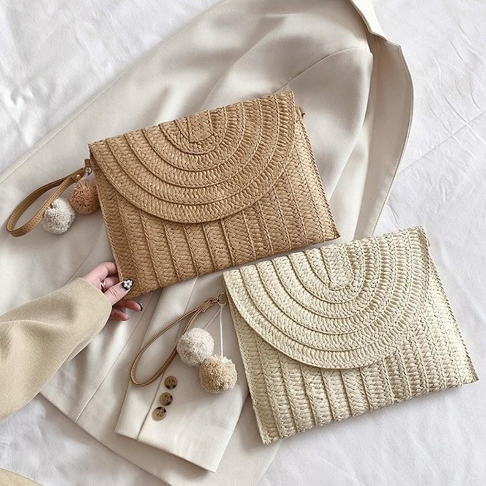 New Woven Texture Straw Crossbody Bag Hair Ball Pendant Envelope Shape Envelope Clutch White Khaki Shoulder Bag Travel Outing