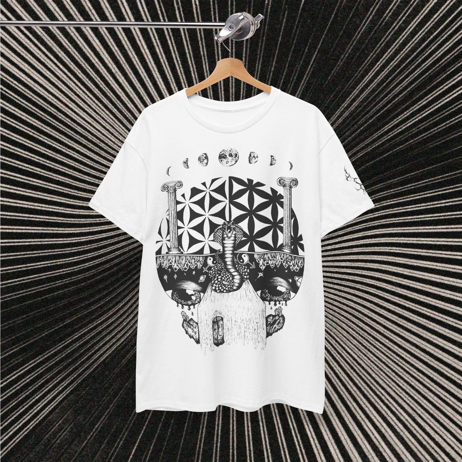 Spiritual Alternative witchy Psychedelic Moon Phases Unisex Tee, Flower of Life sacred Geometry, Snake, Crystals, Astrological, Tattoo Style L