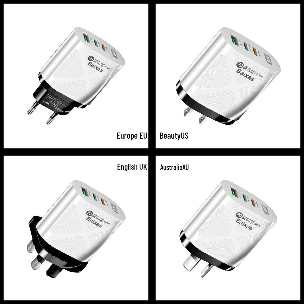 58W Dual Fast Charger with 2 PD+QC3.0 Ports, EU/US/UK/AU Plugs