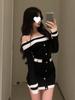 French Chic One-Shoulder Knit Dress for Women - Contrasting Color Autumn/Winter Petite Hip-Hugging Short Skirt