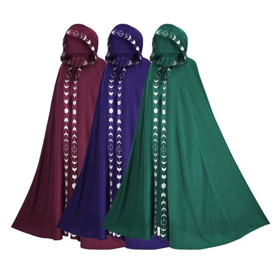 Hooded Moon Print Unisex Cloak Medieval Extra Long Lace Up Halloween Cape Cosplay Costume