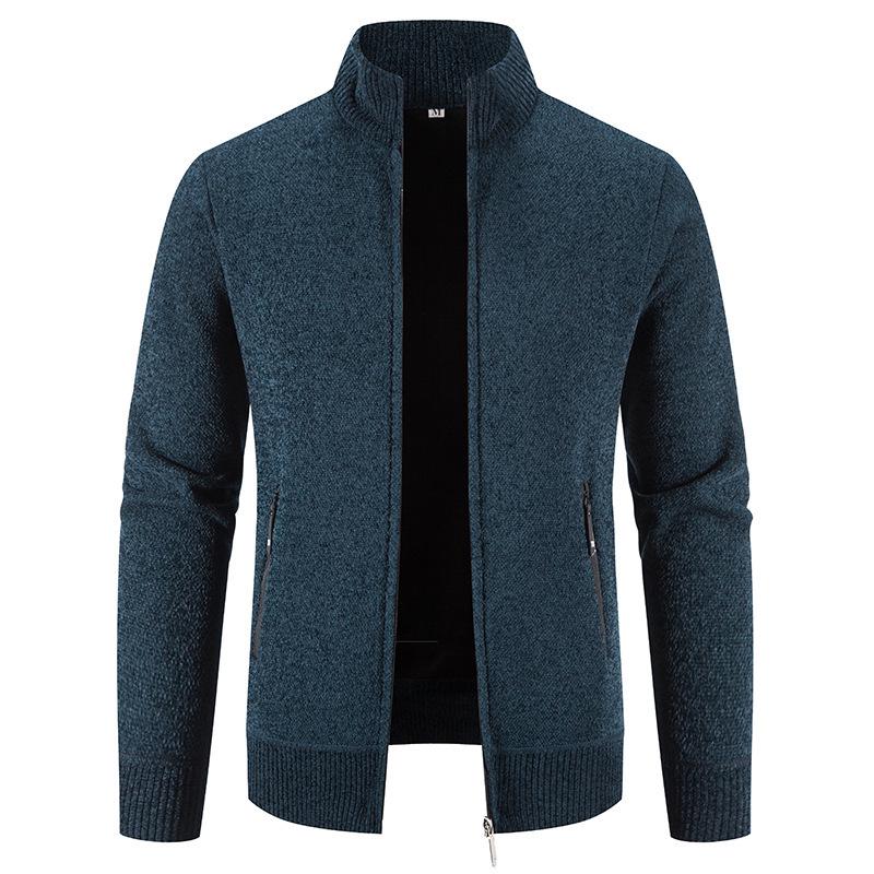 Men's Plus Size Thickened Velvet Zipper Cardigan Sweater - Youth Casual Stand Collar Pullover for Autumn and Winter