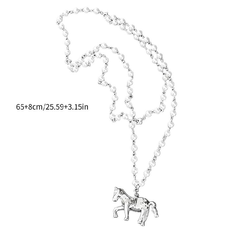 Long Chain Horse Pendant Pearls Necklace Designed for Easy Layering Alongside Other Chains in Fashion Styles