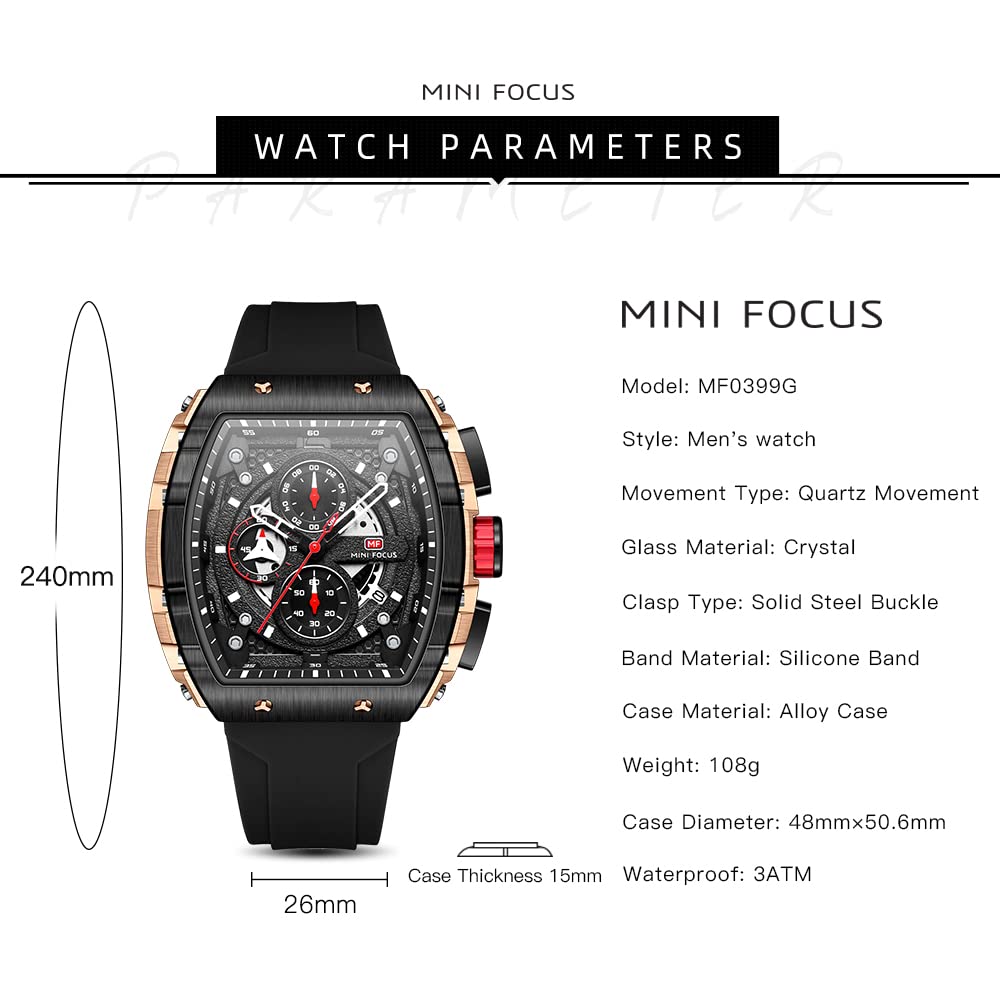 Mini Focus Men's Watch, 3ATM Water Resistant, Movement, Sport Watch, Silicone Strap, Rose Gold