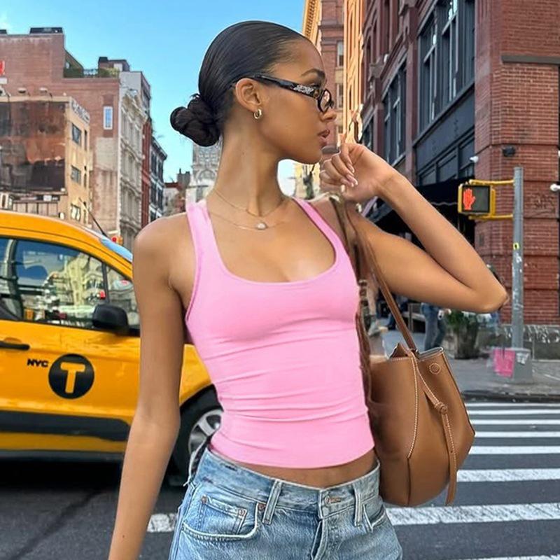

Trendy Sleeveless Square Neck Vest for Women - Spring/Summer Solid Color Extra Small