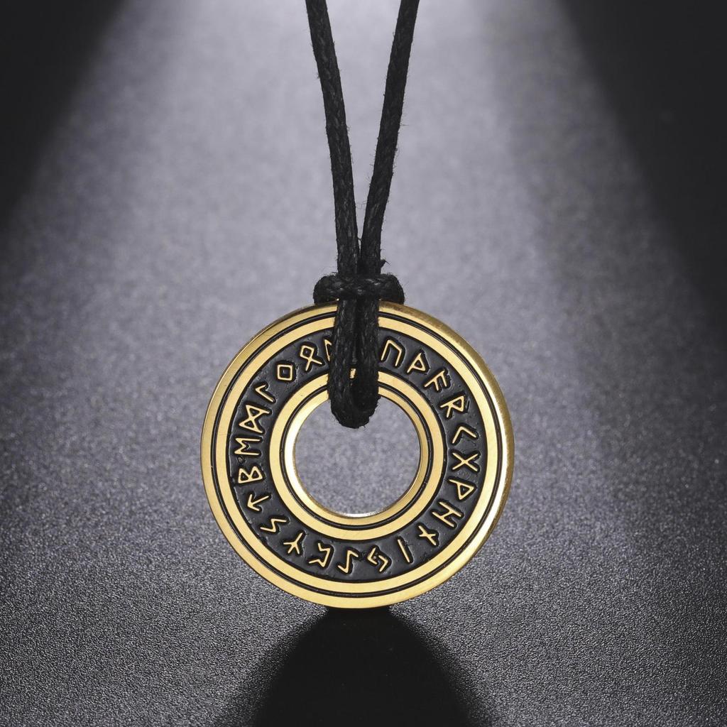 Retro Rune Cutout Ring Pendant Necklace In Blackened Titanium Steel with Leather Cord