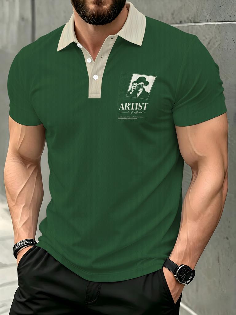 Men's Outdoor Short-Sleeve Polo Shirt with Button Design, Green Base with Small Chest Print, Casual Lapel Top, Vintage Style, Regular Fit, Polyester