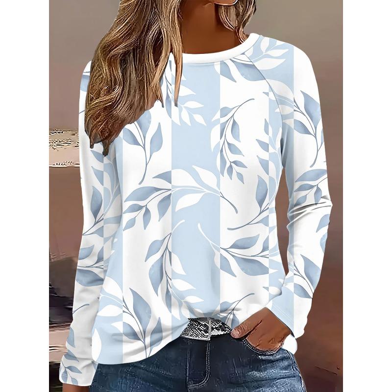 Round Neck 3D Flower Pattern Top Casual Long Sleeved Women's T-shirts - Soft Medium Stretch Polyester Fabric Spring and Autumn Relaxed Fit Clothing