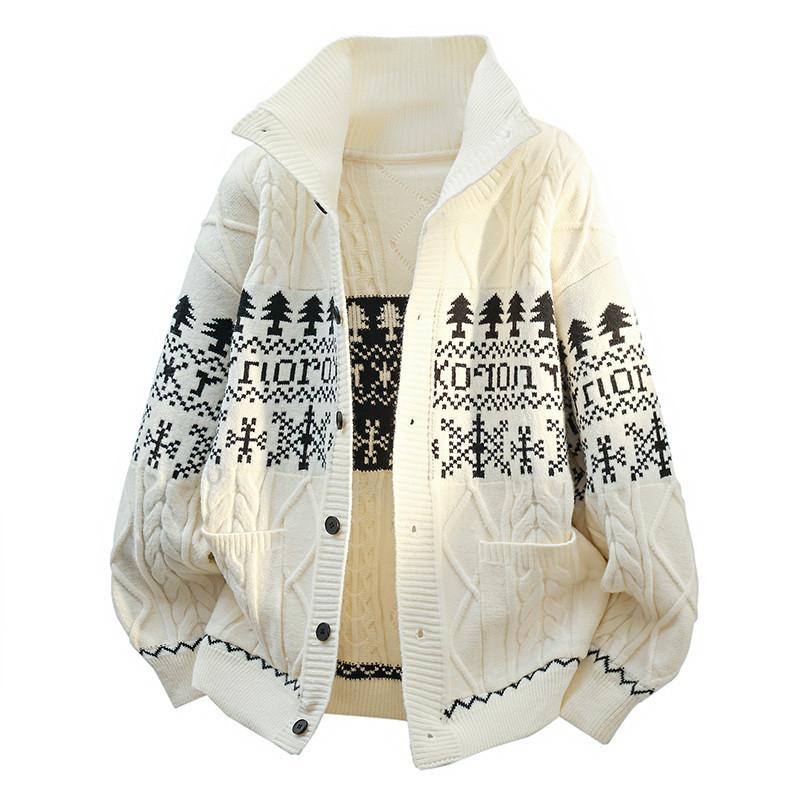 Autumn and Winter Fashionable Lapel Sweater Cardigan Men's Knitted Loose Rhombus Jacket