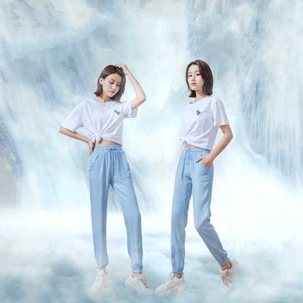 Women Summer High Waist Thin ElasticX Jeans Thin Drawstring Nine Points Harem Pants