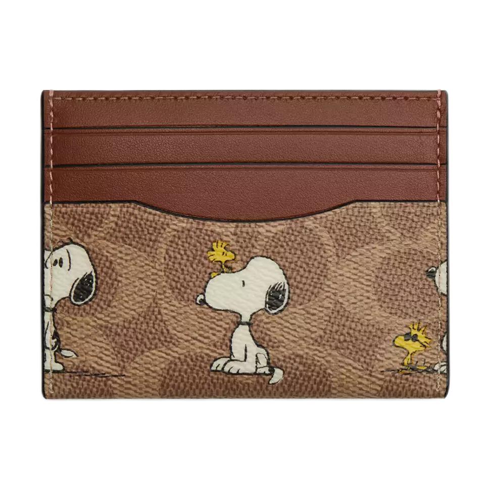 Coach X Peanuts Snoopy Collaboration Slim 10 Cartoon Print Coated Canvas And Leather Card Holder Unisex Accessories Brown CBK55-TAM Brown