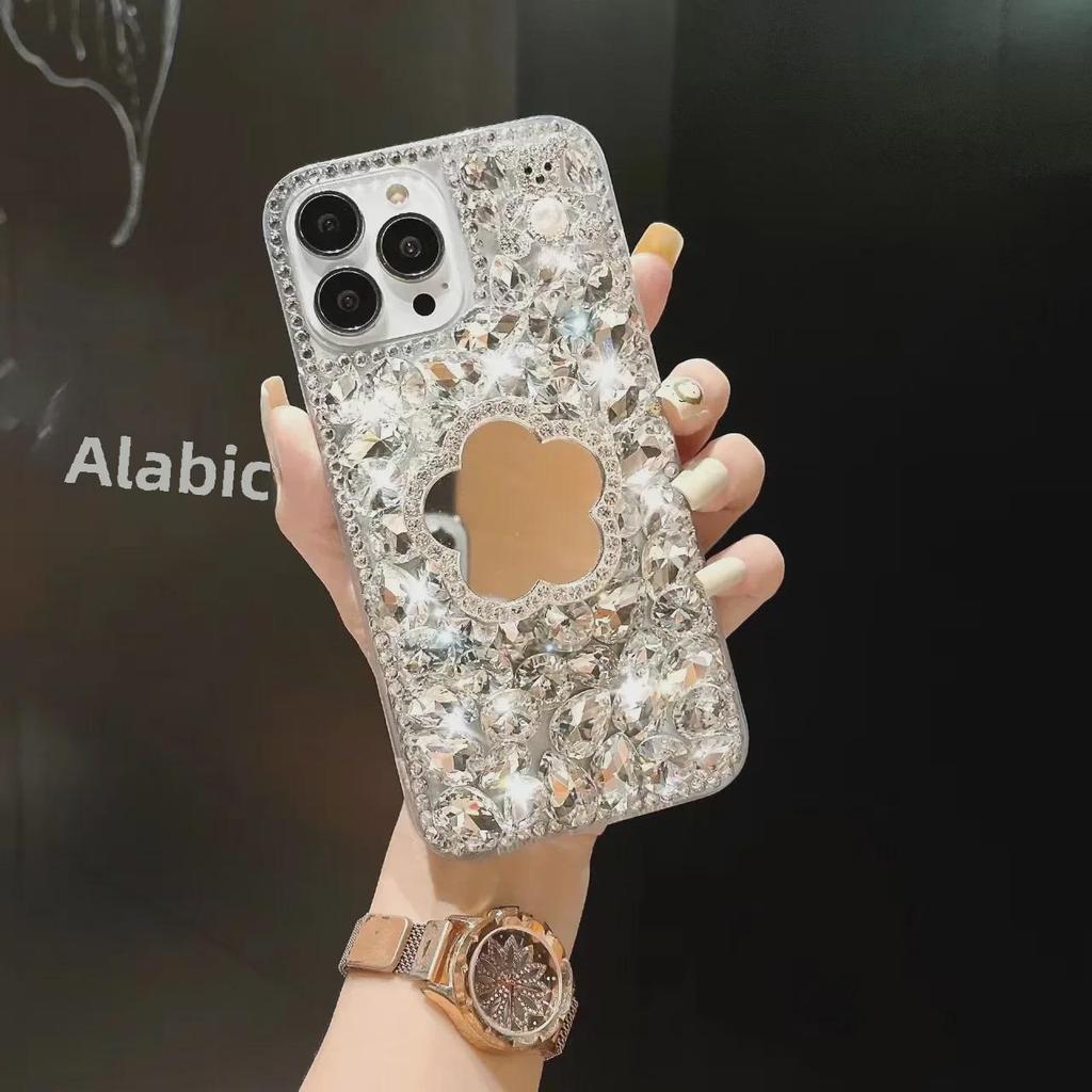 Diamond Pearl Bear Stand Mirror with Anti-Fall for Apple 15PRO/14/13 Mobile Phone Case