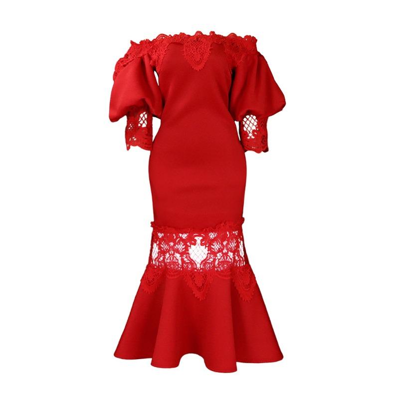 Women's fashion temperament lace off-the-shoulder fishtail party sexy party dress dress