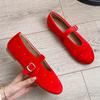 Fashion Red Velvet Buckle Strap Mary Janes Shoes Women Elegant Spring Autumn Flannel Flats Shoes Black Casual Ladies Shoes Footwear New