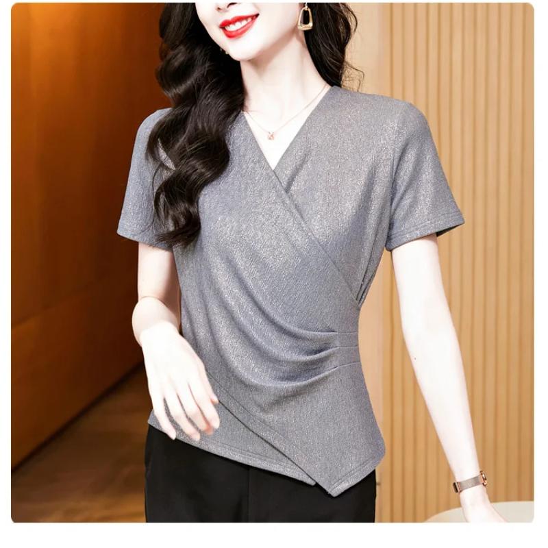 Summer Women's European Clothes T-Shirt Temperament Cross V-Neck Tops Streetwear Female Short Sleeve Slim Trendy Tees