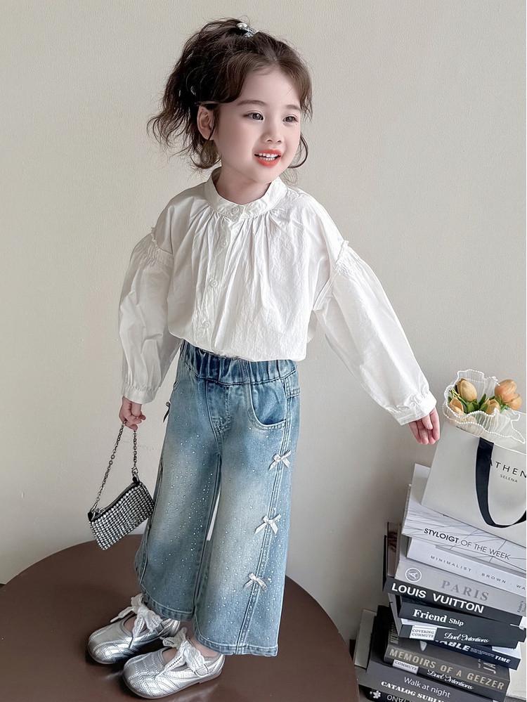 Girls' 2026 Spring Rhinestone Star Denim Jeans - Drapey Straight-Leg Casual Pants
