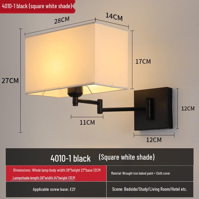 Modern LED Swing Arm Wall Light with Fabric Shade for Bedroom, Study, or Living Room.