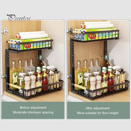 Under-Cabinet Storage Rack with Dual Sliding Trays Adjustable Height Metal Slide-Out Bathroom Kitchen Sink Organizer with Handle