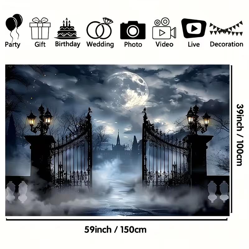 2D Foggy Night Cemetery Gate Backdrop with Full Moon and Spooky Mansion Background
