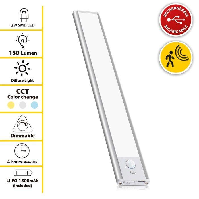 Lampe LED rechargeable - LACTEA XL - 150 lumens - 40 cm - Détecteur de mouvement - Argent
