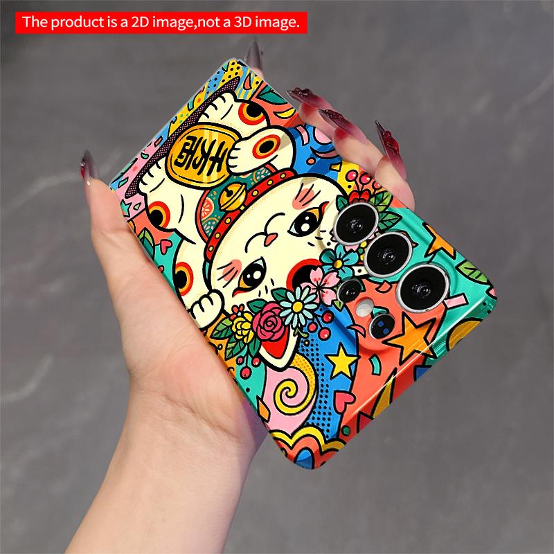 2DFlat Samsung Phone Case Colorful Lucky Cat with Floral Crown Phone Case Applicable To Galaxy S22 S23 S24 S25ULTRA S26 A12 A13 A14 A15 A16