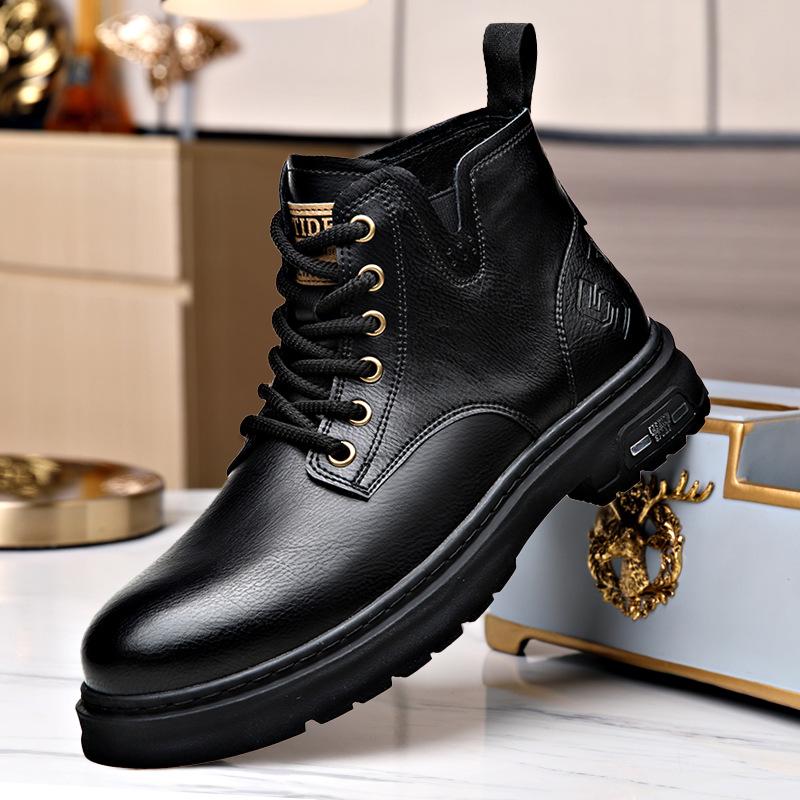 Męskie buty Martin do połowy łydki - Zimowe plus aksamit, Skórzane buty z wysoką cholewką i grubą dwuwarstwową podeszwą z krowiej skóry.